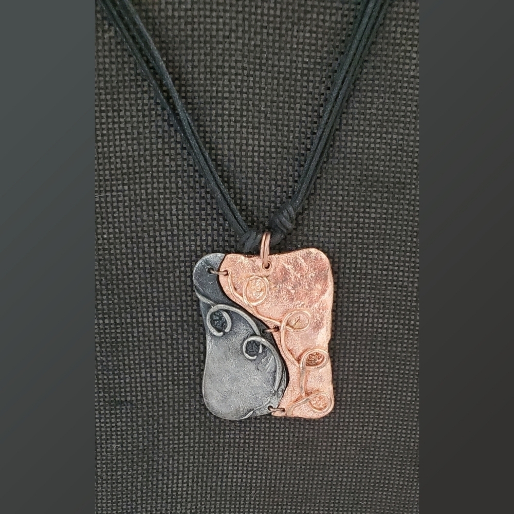 Artisan Black and Copper Abstact Pendant on Triple Strand Black Corded Necklace